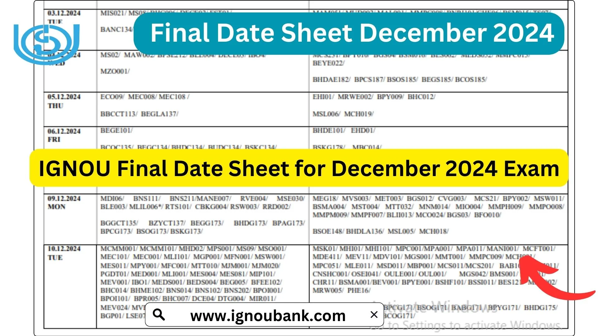 IGNOU Date Sheet December 2024 (Final): Download PDF