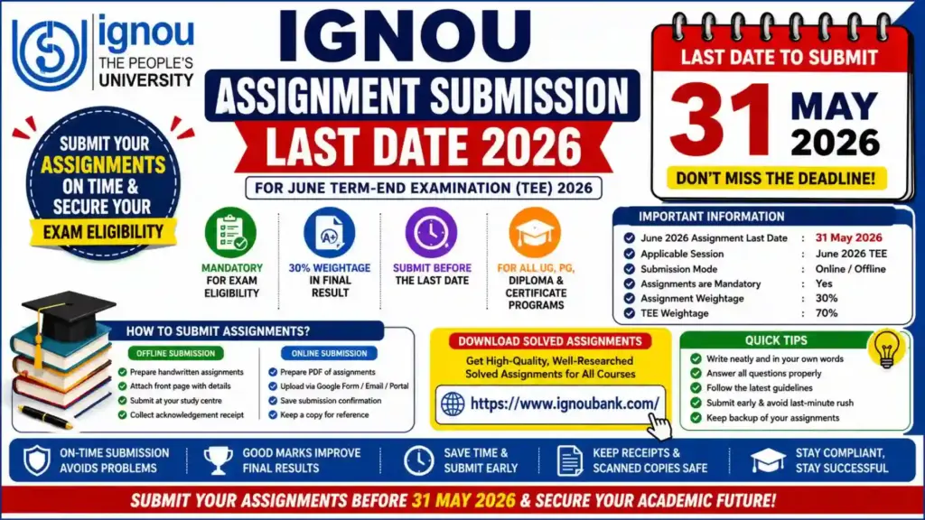 IGNOU Assignment Submission Last Date 2026: Complete Guide for June TEE Session 1 IGNOU Assignment Submission Last Date 2026: Complete Guide for June TEE Session